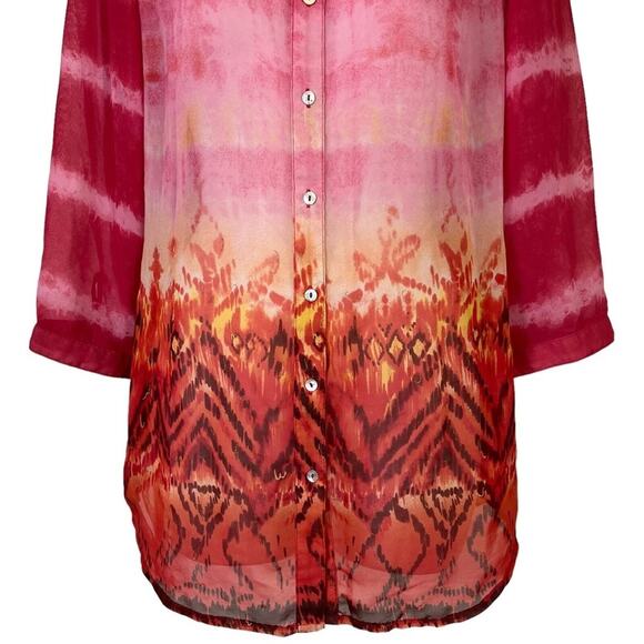 Chicos Pink Orange Button Down Sheer 3/4 Sleeve Long Line Top Shirt Blouse 0/ S - Picture 3 of 15
